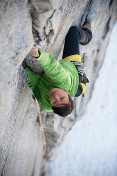 Kuan Chang climbs The Line (5.9) at Lover's Leap in Lake Tahoe, California.
