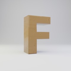 3D letter F uppercase. Wooden font isolated on white background.