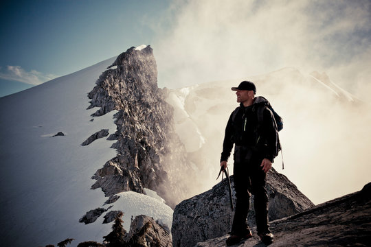 Mountaineer on route toward Grainger Peak, Canada