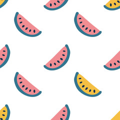 Watermelon slice seamless hand drawing vector pattern on white background. Simple summer print in doodle style