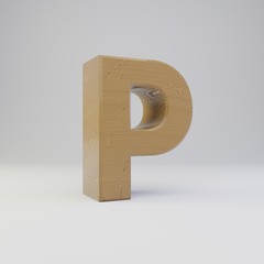 3D letter P uppercase. Wooden font isolated on white background.