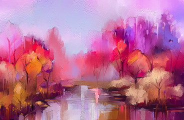 Peinture à l& 39 huile des arbres d& 39 automne colorés. Image semi-abstraite de forêt, paysages avec feuille jaune - rouge et lac. Automne, fond nature saison automne. Peint à la main impressionniste, paysage extérieur