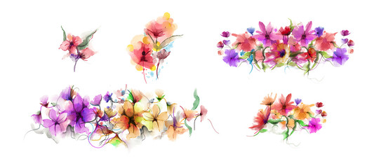 Abstract watercolor painting flower and leaf. Illustration isolated of spring, summer flowers paint design over white background. Botanical foliage plants, floral blossom background for greeting card