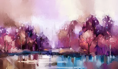 Ölgemälde bunte Herbstbäume. Vintage Farbe Farbbild der Landschaft, Wald mit gelben, roten Blättern und See. Herbst, Naturhintergrund der Herbstsaison. Handgemalter Impressionist, Landschaft im Freien © nongkran_ch