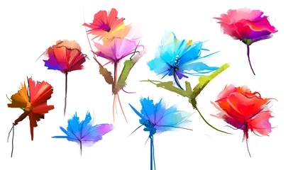 Abstraktes Ölgemälde Blume und Blatt. Illustration lokalisiert vom Frühling, Sommerblumen malen Design über weißem Hintergrund. Botanische Laubpflanzen, Blumenblütenhintergrund für Grußkarte © nongkran_ch