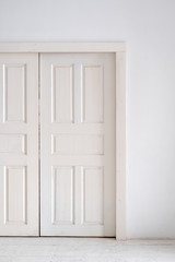 White double doors on a white wall. Geometric background.