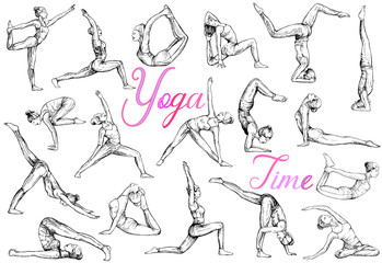 Obraz premium Big set of hand drawn sketch style abstract people doing yoga isolated on white background. Vector illustration.