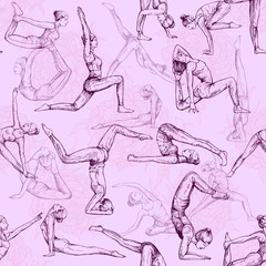 Fototapeta na wymiar Seamless pattern of hand drawn sketch style abstract people doing yoga. Vector illustration.