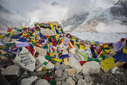 Prayer flags adorn the area around Everest Base Camp in Nepal.