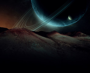 alien landscape, strange planet rising in sci fi spatial landscape, planet with rings and moons (no NASA images used)