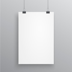 Blank A4 page hanged with paper clips on white background. Vector illustration