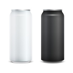 Empty glossy metal white and black aluminium beer pack. Mockup template for your design. Isolated on white background. Vector EPS10