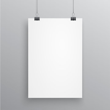 Blank A4 page hanged with paper clips on white background. Vector illustration