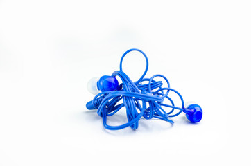 tangled blue no brand earphones isolated on white