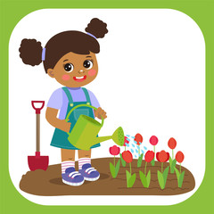 Cute Cartoon Afro American Girl With Watering Can Working In Garden. Young Farmer Girl Watering Tulip Flowers. Colorful Simple Design Vector. Spring Gardening Vector Illustration.