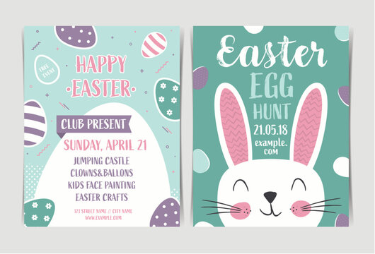 Set of Easter egg hunt invitation template. Vector illustration.