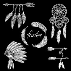 Boho ethnic illustration with dream catchers, feathers, arrows and indian hat with feathers.