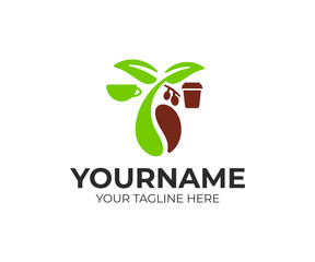 Coffee beans, sprout, leaves with fruits, cup and paper cup, logo design. Food, drink, hot beverage and coffee house, vector design and illustration