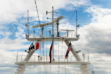 Close up of the bridge of a cruise ship equipped with navigation and communication systems.