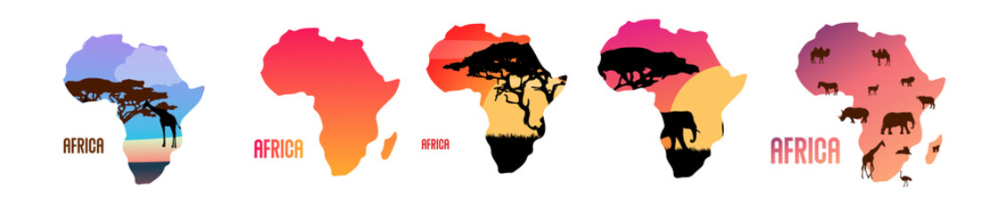 Africa map silhouette. Savanna landscape. Wild animals in National park. Safari travel concept