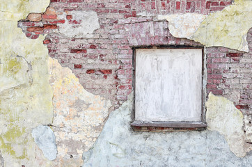 background old brick wall with shabby paint, boarded up window, brick wall with old plaster, old architecture