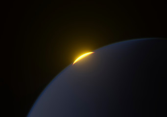 sun rising behind a blue planet