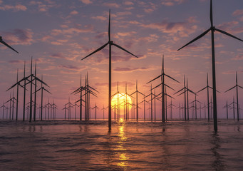 sunrise at an offshore wind farm