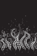 Octopus tentacles curl and intertwined hand drawn black and white line art background or print design vetor illustration.