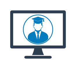 E Learning Icon. Graduate student symbol on Computer Monitor. Flat style vector EPS.