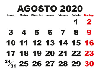 Agosto 2020 wall calendar spanish