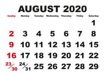 August month calendar 2020 english USA