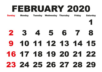 February month calendar 2020 english USA