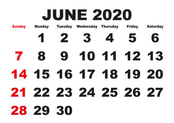 June month calendar 2020 english USA