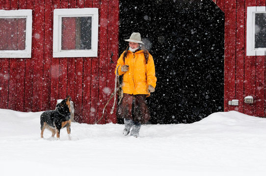 Woman Looking At Her Dog While Walking Outside The Barn In Snow