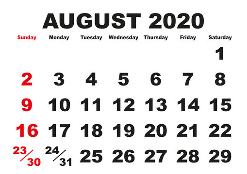 August Month Calendar 2020 English USA