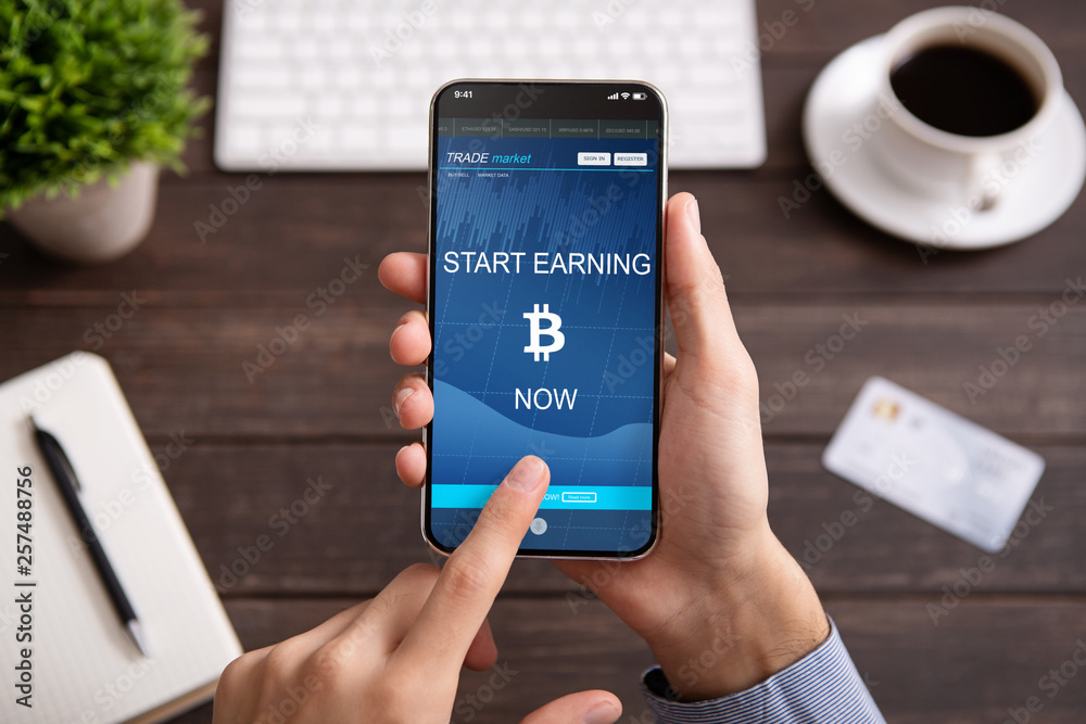 Aufkleber bitcoin earning application on smartphone screen isolated