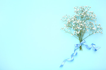 White gypsophila flowers with ribbon on blue background