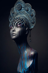 Head of woman mannequin in blue decorated kokoshnick, black studio background