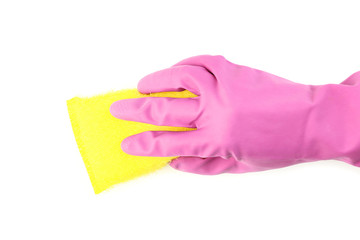 Female hand holding cleaning sponge on white background