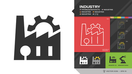 Vector industry or factoty black glyph silhouette and editable stroke thin outline single icon with industrial building or manufacturing construction, pipe and gear pinion sign.