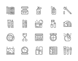 Set of Cosmetics and Makeup Line Icons. Mirror, Perfume, Powder, Cream and more.