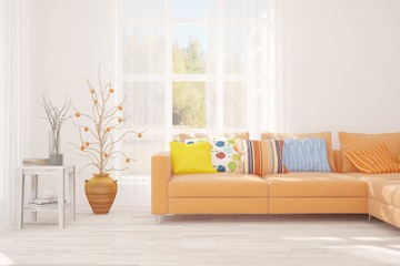 White stylish minimalist room with orange sofa. Scandinavian interior design. 3D illustration