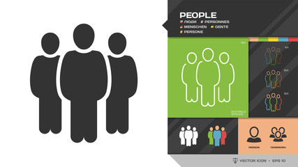 Vector people group black silhouette and editable stroke thin outline single color icon with person and teamwork symbols.