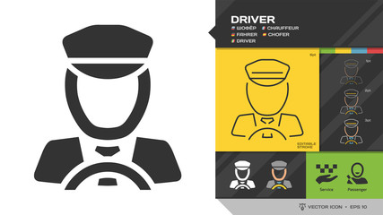 Vector taxi cab driver black silhouette and editable stroke thin outline single color chauffeur icon.
