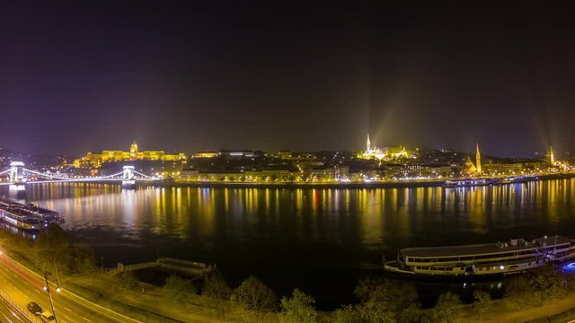 Night time lapse of the famous River Danube, Chain Bridge, Matthias Church and cityscape