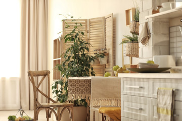 Modern kitchen interior with wooden crates as eco furniture
