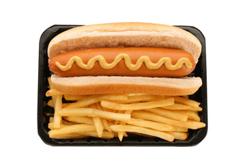Container with hot dog and French fries on white background, top view. Traditional American food