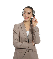 Technical support operator with headset on white background