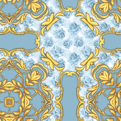 Seamless luxury pattern with blue roses and golden scrolls