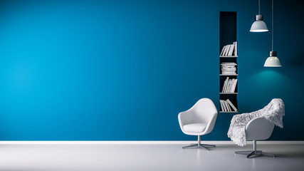 3D rendering of armchair and seat in living room in front of blue wall with copy space and modern or minimalistic interior and white floor